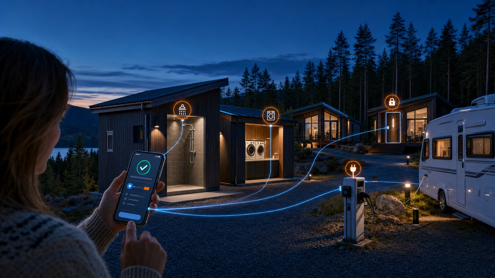 Forbundet campingplads med appstyrede bade, vaskeri, standpladsstrøm og hytteadgang