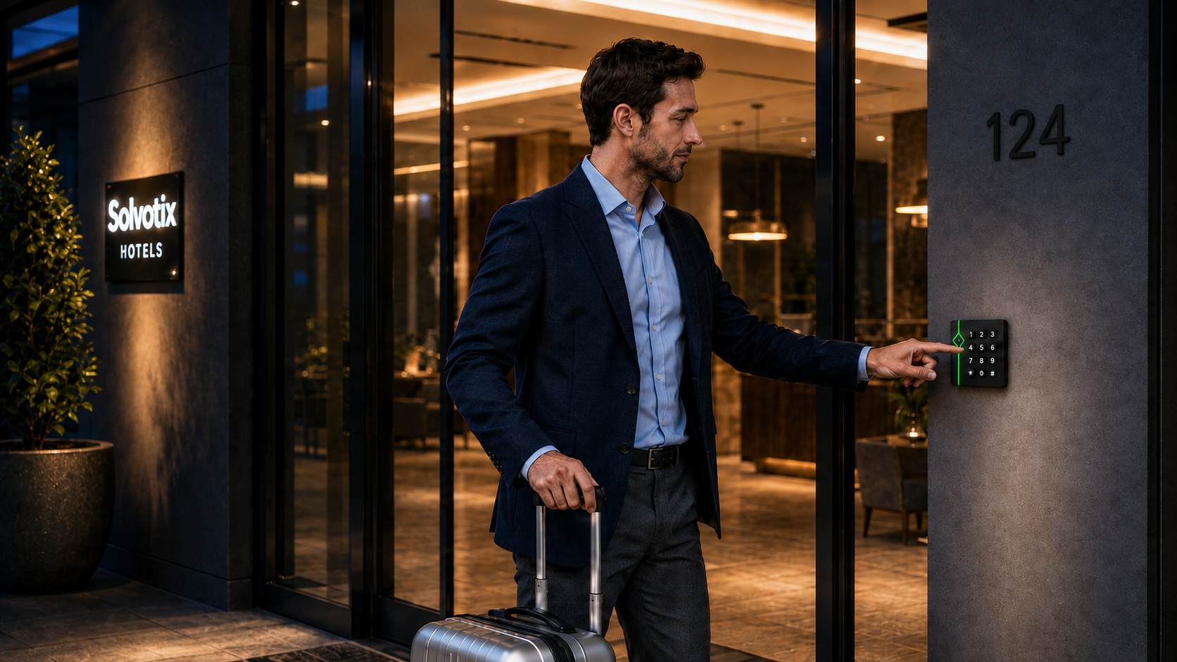 Der kræves ingen app. For Nico er adgangen enkel, mens hotellet bevarer kontrollen. Ved hovedindgangen indtaster Nico sin kode på tastaturet. Døren åbner, og hans check-in registreres automatisk.